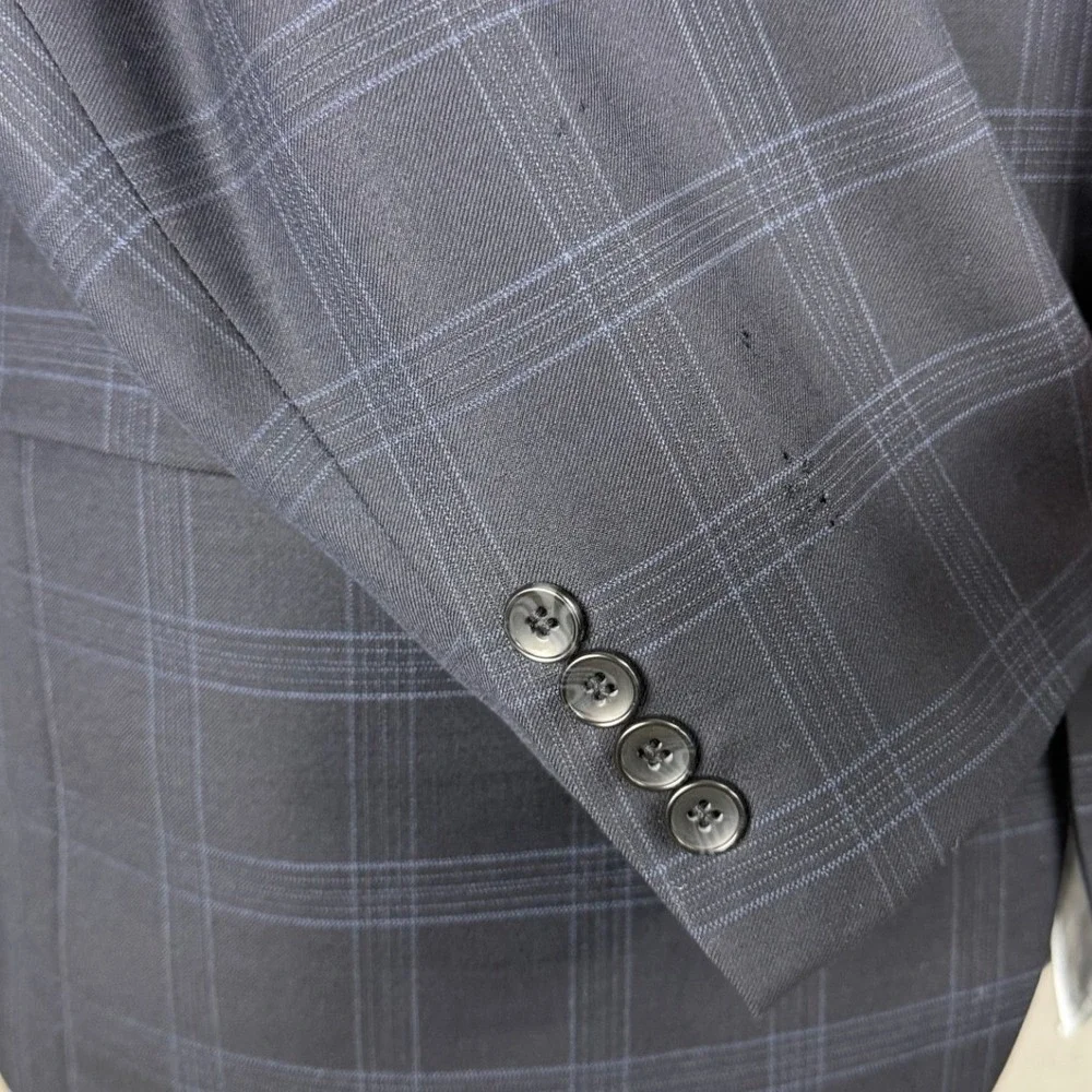 Tom James Mens 42L Navy Blue Plaid 100% Wool 3 Button Blazer Sport Coat Jacket
